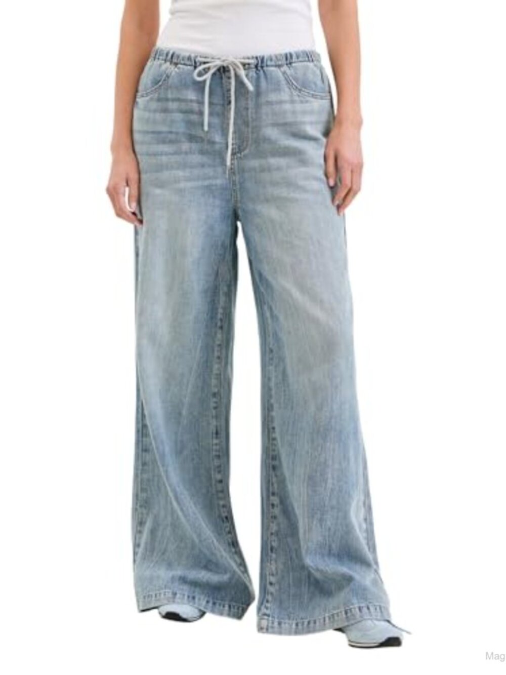 High Rise Drawstring Waist Wide Leg Palazzo Jeans Lyocell Cotton Hemp